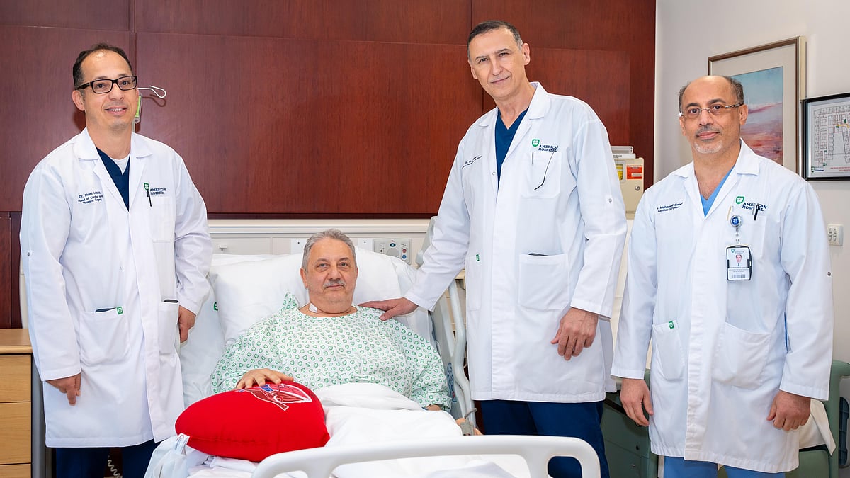 Dr Mohi Mitiek, Head of Cardiac and Thoracic Surgery at American Hospital Dubai, and his team with the patient
