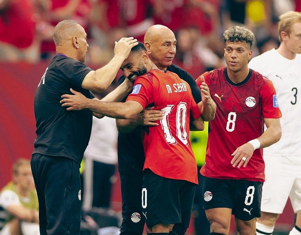 Mohamed Salah #10 and Emam Ashour #8 of Egypt celebrate with coaches as they are substituted during the FIFA World Cup 2026 Group G match between New Zealand and Egypt at BC Place Vancouver on June 21, 2026 in Vancouver, British Columbia.