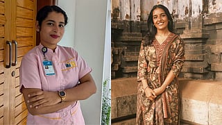 Anjali Baiju (left), a staff nurse at LF Hospital in Angamaly, and Ardra Raj, a nursing student from Bengaluru, whose timely CPR helped save a heart attack victim trapped in traffic.