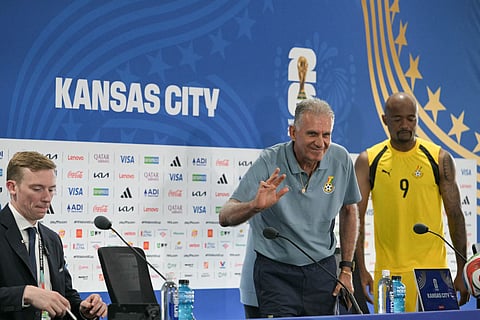 Ghana's Portuguese head coach Carlos Queiroz and Ghana's forward #09 Jordan Ayew give an MD-1 press conference at the Kansas City Stadium in Kansas City on July 2, 2026, on the eve of the 2026 World Cup round of 32 football match between Colombia and Ghana.