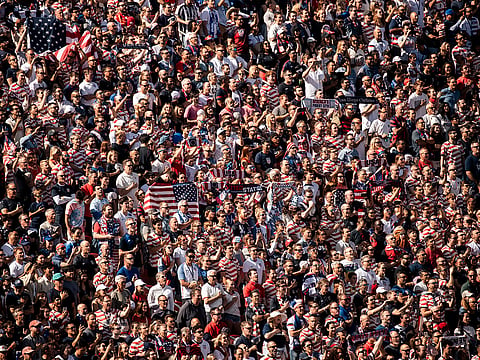 Football fans are seen during the first half of the World Cup 2026 Round of 32 Football match between United States and Bosnia and Herzegovina in Santa Clara, California.