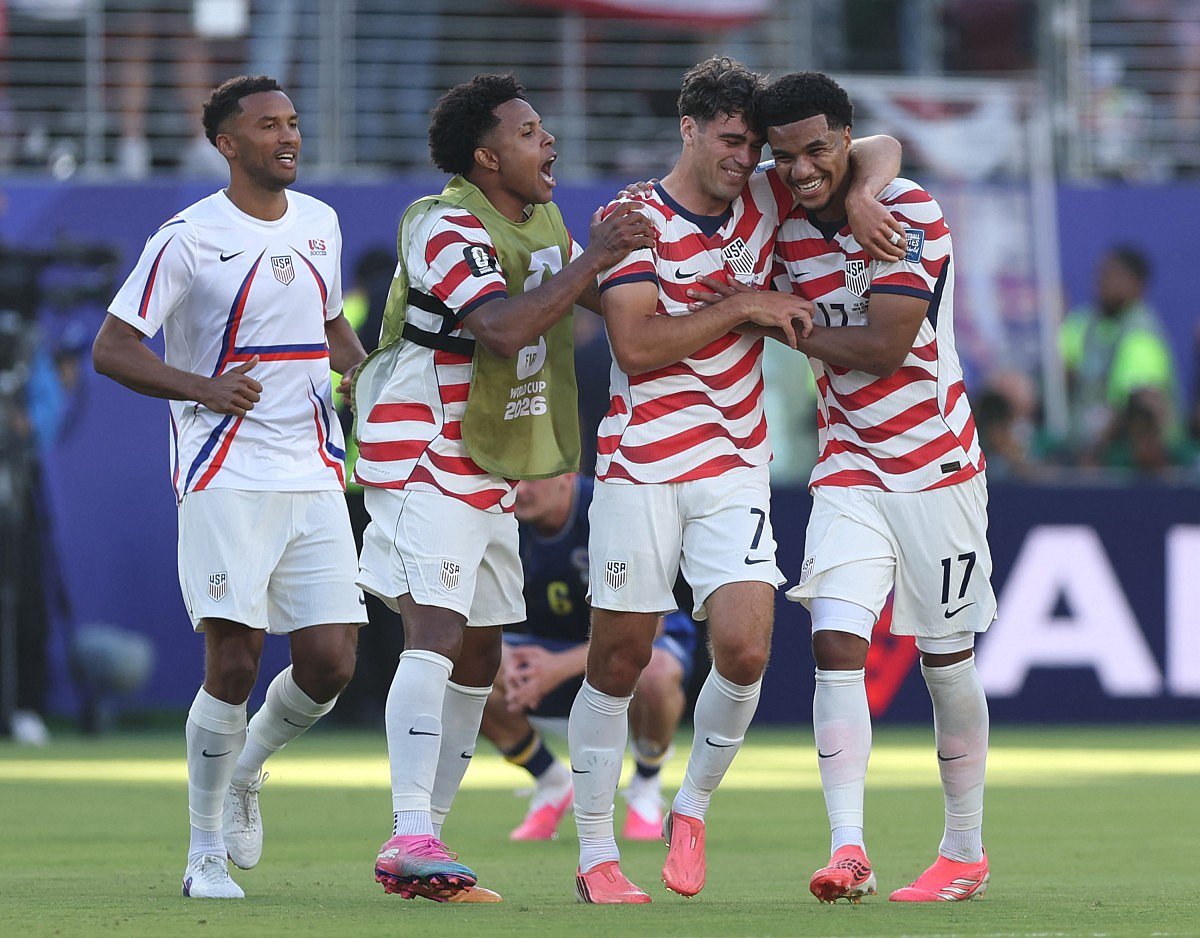 Weston McKennie #8, Giovanni Reyna #7 and Malik Tillman #17 celebrate victory after the FIFA World Cup 2026 Round of 32 match between USA and Bosnia and Herzegovina at San Francisco Bay Area Stadium on July 01, 2026 in Santa Clara, California.