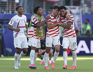 Weston McKennie #8, Giovanni Reyna #7 and Malik Tillman #17 celebrate victory after the FIFA World Cup 2026 Round of 32 match between USA and Bosnia and Herzegovina at San Francisco Bay Area Stadium on July 01, 2026 in Santa Clara, California.