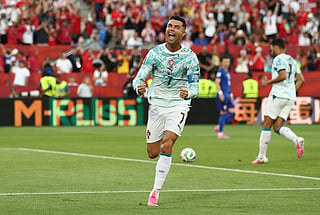 Portugal's forward #07 Cristiano Ronaldo celebrates after scoring his team's first goal from the penalty spot during the 2026 World Cup round of 32 football match between Portugal and Croatia at the Toronto Stadium in Toronto on July 2, 2026.