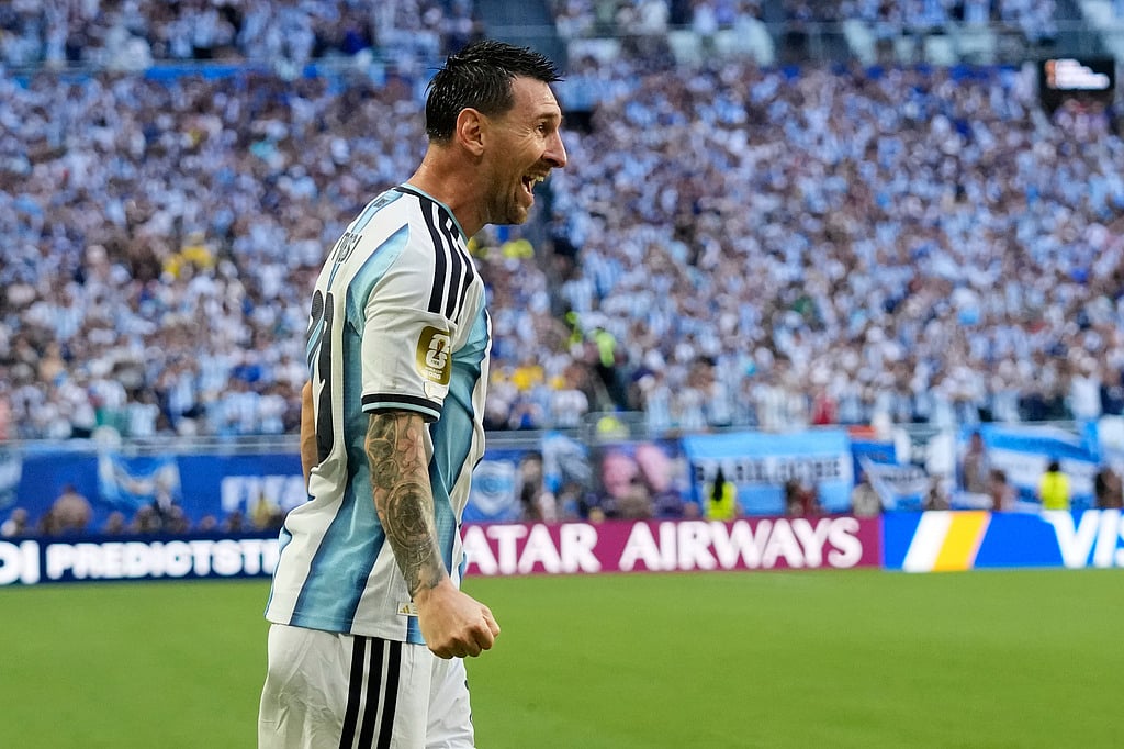 Argentina's Lionel Messi celebrates after scoring the opening goal against Cape Verde during the World Cup round of 32 soccer match in Miami Gardens, Fla., Friday, July 3, 2026.