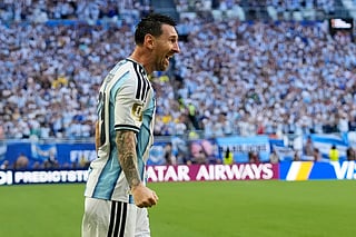 Argentina's Lionel Messi celebrates after scoring the opening goal against Cape Verde during the World Cup round of 32 soccer match in Miami Gardens, Fla., Friday, July 3, 2026.