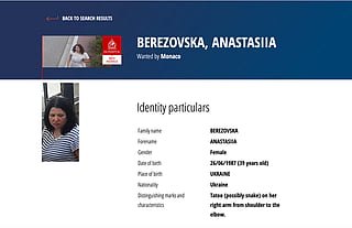 This screenshot of the Interpol webpage shows a Red Notice for Anastasiia Berezovska, a suspect in the Monaco bombing that reportedly targeted a Ukrainian tycoon with links to Russia. (Interpol via AP)