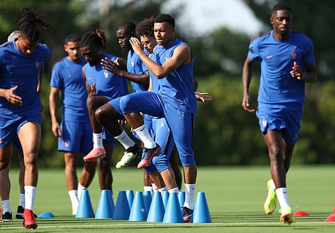 France's forward Kylian Mbappe (centre) attends a training session at Philadelphia Eagles training centre on the eve of the 2026 World Cup football tournament round of 16 match against Paraguay, in Philadelphia on July 3, 2026.