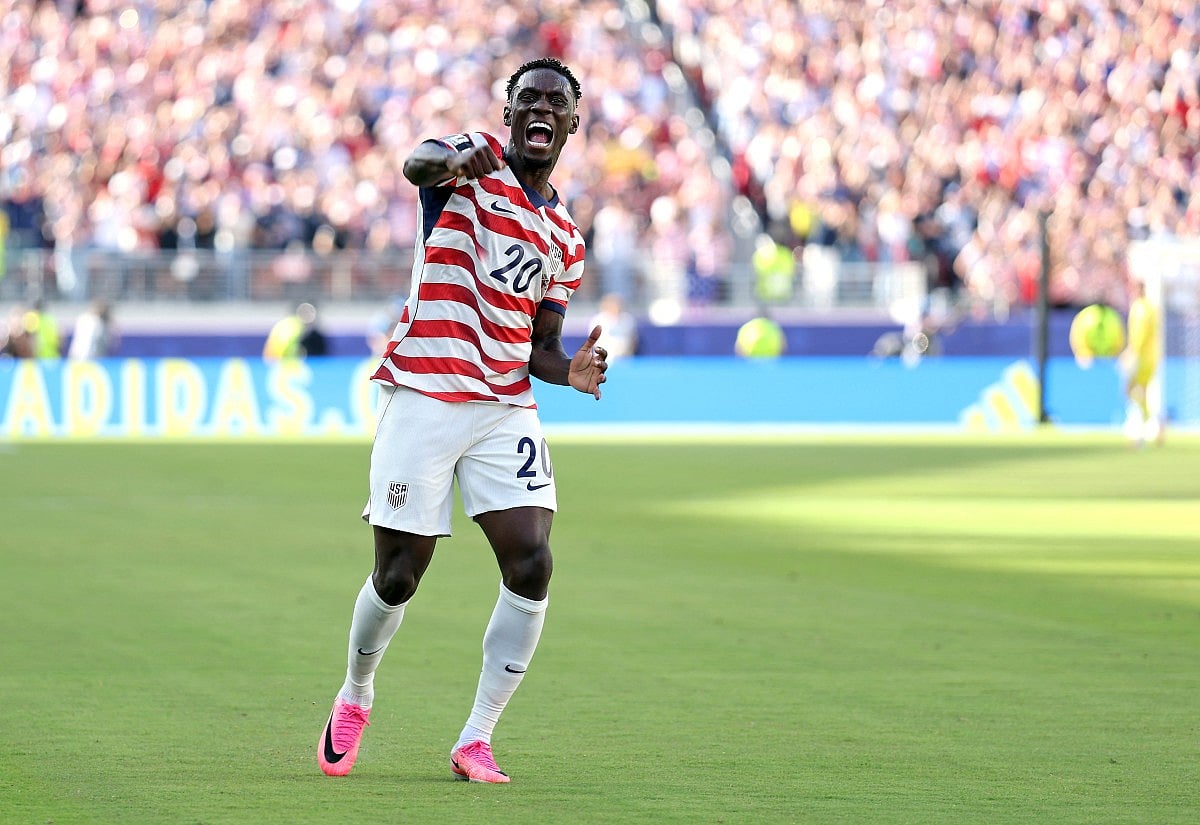 Folarin Balogun #20 of the United States celebrates scoring his team's first goal during the FIFA World Cup 2026 Round of 32 match between USA and Bosnia and Herzegovina at San Francisco Bay Area Stadium on July 01, 2026 in Santa Clara, California.