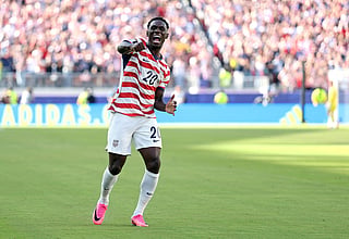Folarin Balogun #20 of the United States celebrates scoring his team's first goal during the FIFA World Cup 2026 Round of 32 match between USA and Bosnia and Herzegovina at San Francisco Bay Area Stadium on July 01, 2026 in Santa Clara, California.