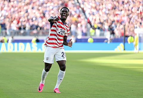 Folarin Balogun #20 of the United States celebrates scoring his team's first goal during the FIFA World Cup 2026 Round of 32 match between USA and Bosnia and Herzegovina at San Francisco Bay Area Stadium on July 01, 2026 in Santa Clara, California.