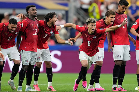 Egypt players react during a penalty shootout against Australia for the World Cup round of 32 soccer match in Arlington, Texas, near Dallas, Friday, July 3, 2026.