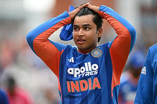 India's Vaibhav Sooryavanshi leaves the field after the second Twenty20 (T20) international cricket match between England and India at Old Trafford in Manchester, north-west England on July 4, 2026.