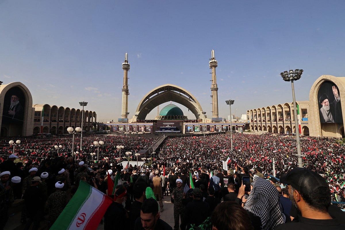 Mourners gather at the Grand Mosalla to pay their final respects to Iran's slain supreme leader Ayatollah Ali Khamenei at the start of his funeral ceremonies in Tehran on July 4, 2026.
