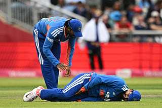 India's Shreyas Iyer hurts himself making a stop in the field during the second Twenty20 (T20) international cricket match between England and India at Old Trafford in Manchester, north-east England on July 4, 2026.