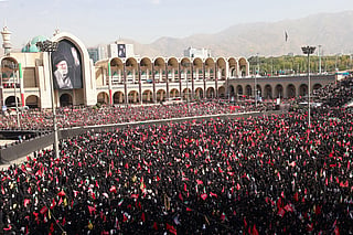 Mourners gather at the Grand Mosalla to pay their final respects to Iran's slain supreme leader Ayatollah Ali Khamenei at the start of his funeral ceremonies in Tehran on July 4, 2026.