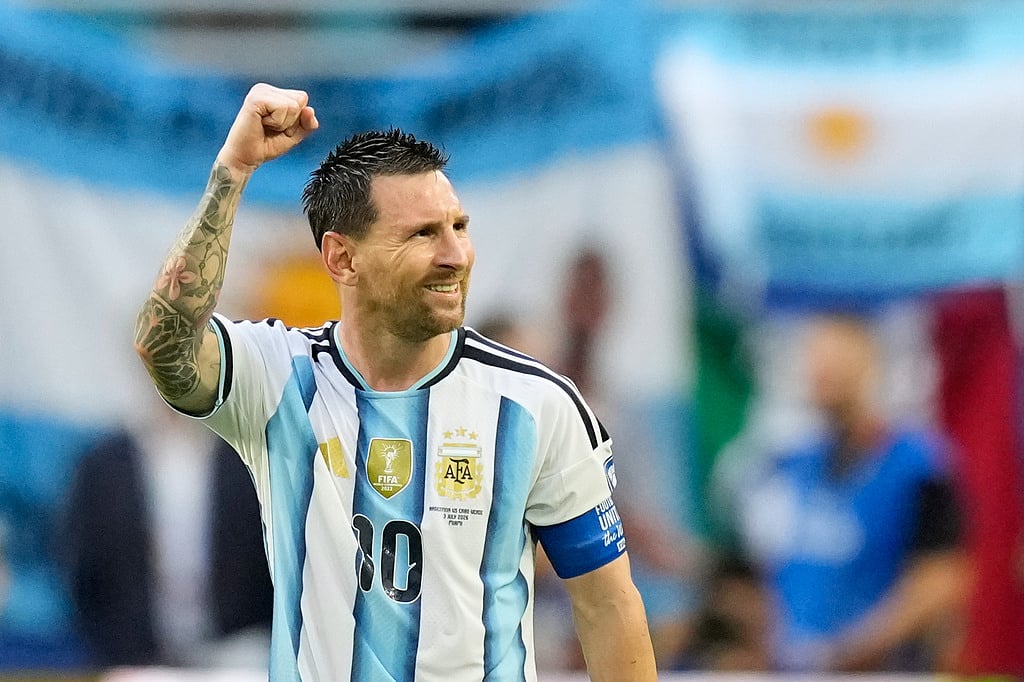 Argentina's Lionel Messi celebrates scoring his side's opening goal against Cape Verde during the World Cup round of 32 soccer match in Miami Gardens, Fla., Friday, July 3, 2026.