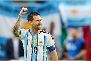 Argentina's Lionel Messi celebrates scoring his side's opening goal against Cape Verde during the World Cup round of 32 soccer match in Miami Gardens, Fla., Friday, July 3, 2026.