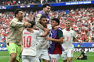 Morocco's midfielder #08 Azzedine Ounahi celebrates scoring his team's second goal with teammates during the 2026 World Cup round of 16 football match against Canada at the Houston Stadium in Houston on July 4, 2026.