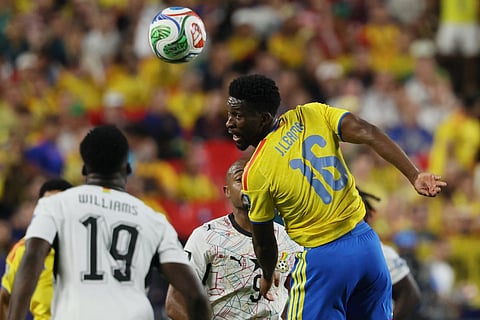 Colombia's Jefferson Lerma heads the ball during the round of 32 football match between Colombia and Ghana.