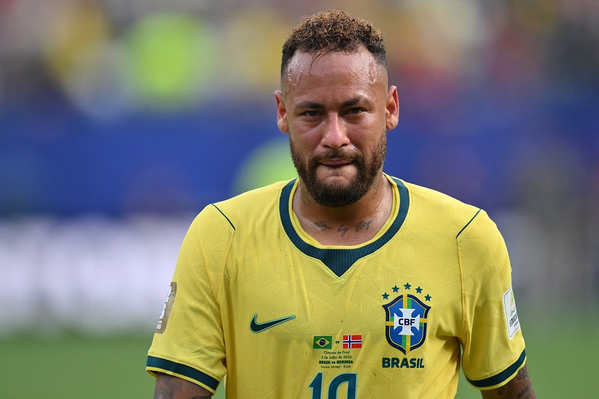 Brazil's forward #10 Neymar reacts after losing the 2026 World Cup round of 16 football match between Brazil and Norway at the New York/New Jersey Stadium in East Rutherford on July 5, 2026.