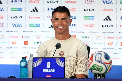 Cristiano Ronaldo #7 of Portugal speaks to the media during the press conference of Winner Match 83 one day ahead of the FIFA World Cup 2026 Round Of 16 match between Winner Match 83 and Winner Match 84 at Dallas Stadium on July 05, 2026 in Arlington, Texas.