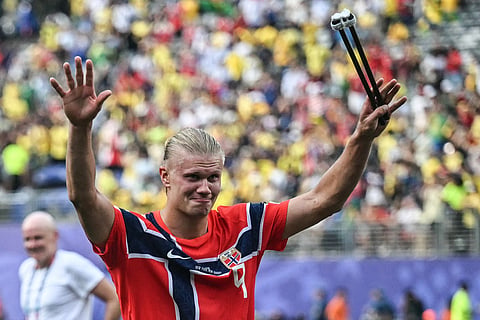 Norway's forward #09 Erling Braut Haaland celebrates after winning the 2026 World Cup round of 16 football match between Brazil and Norway at the New York/New Jersey Stadium in East Rutherford on July 5, 2026.