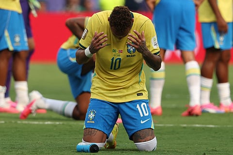 Brazil's forward #10 Neymar reacts after losing the 2026 World Cup round of 16 football match between Brazil and Norway at the New York/New Jersey Stadium in East Rutherford on July 5, 2026.
