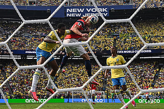 Norway's Erling Haaland heads the ball and scores the opening goal during the 2026 World Cup round of 16 football match between Brazil and Norway at the New York/New Jersey Stadium in East Rutherford on July 5, 2026.