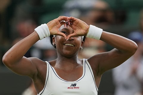 Coco Gauff of the United States reacts after winning against Belinda Bencic of Switzerland in their fourth round women's singles match at the Wimbledon Tennis Championships in London, Sunday, July 5, 2026.