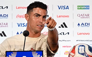 Portugal's forward #07 Cristiano Ronaldo answers to journalists during a press conference at the Dallas Stadium in Arlington, Texas on July 5, 2026, on the eve of the 2026 World Cup round of 16 football match between Portugal and Spain.