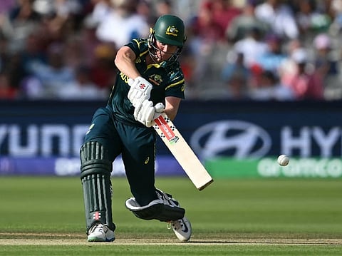 Australia's Beth Mooney swings at a ball during the ICC Women's T20 cricket world cup 2026 final between Australia and England, at Lord's in London on July 5, 2026.