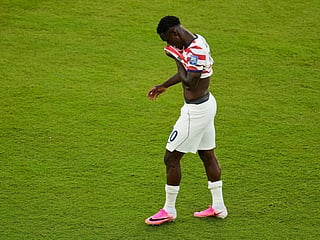 United States' Folarin Balogun (20) walks off the field after receiving a red card during the World Cup round of 32 soccer match against Bosnia in Santa Clara, on Wednesday, July 1, 2026. 