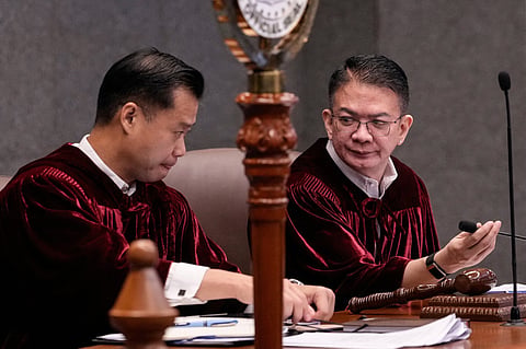 Senate presiding officer Francis Escudero (R) talks with Senate President Win Gatchalian (L) during the impeachment trial of Philippine Vice President Sara Duterte at the Philippine Senate in Pasay, Metro Manila on July 6, 2026.