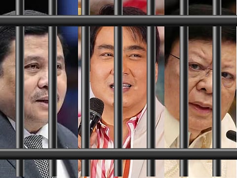 Three Philippine Senators detained for alleged corruption, plunder (from left) Jinggoy Estrada, Bong Revilla (ex-senator), and Rodante Marcoleta. 