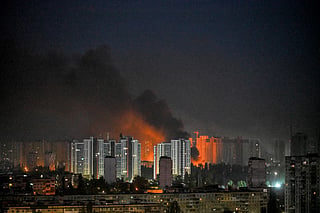 This photograph shows a fire after an explosion during a Russian missile strike on the Ukrainian capital of Kyiv on July 6, 2026, amid the Russian invasion in Ukraine.