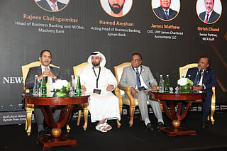 Rajeev Chalisgaonkar, Head of Business Banking and NEObiz,
Mashreq Bank; Hamed Amshan, Acting Head of Business Banking,
Ajman Bank; James Mathew, CEO, UHY James Chartered Accountants; and Girish Chand, Senior Partner, MCA Gulf speaking at a panel discussion at the forum, Reset & Rise: The Road Ahead for Business