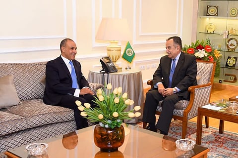 Arab League Secretary-General Nabil Fahmy and Egyptian Minister of Foreign Affairs, Emigration and Egyptian Expatriates Badr Abdelatty.