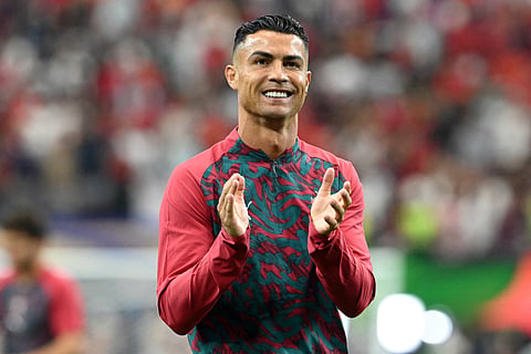 Portugal's forward #07 Cristiano Ronaldo acknowledges the crowd ahead of the 2026 World Cup round of 16 football match between Portugal and Spain at the Dallas Stadium in Arlington on July 6, 2026.