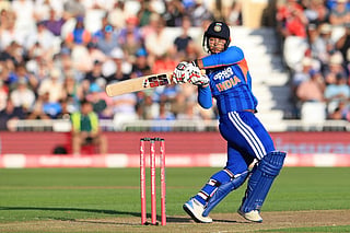 India's Vaibhav Sooryavanshi swings at a ball from England's Jofra Archer during the third Twenty20 (T20) international cricket match between England and India at Trent Bridge in Nottingham, central England on July 7, 2026.