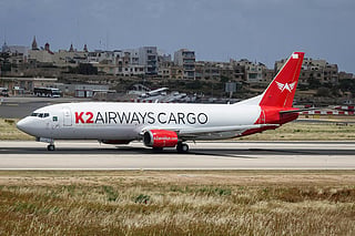 A K2 Airways Cargo Boeing 737-400 freighter. The plane operating flight KTA1732 from Sharjah to Karachi lost contact during the flight, triggering a search-and-rescue operation. The aircraft, registered AP-BOI, reportedly experienced navigation issues before radar and communication contact were lost over the Arabian Sea west of Karachi. Five crew members were on board.

