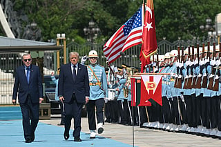Turkish President Recep Tayyip Erdogan (L) hosts US President Donald Trump for a state arrival ceremony at Bestepe Presidential Compound in Ankara, on July 7, 2026, on the sidelines of the NATO Summit.