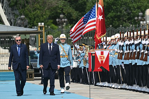 Turkish President Recep Tayyip Erdogan (L) hosts US President Donald Trump for a state arrival ceremony at Bestepe Presidential Compound in Ankara, on July 7, 2026, on the sidelines of the NATO Summit.
