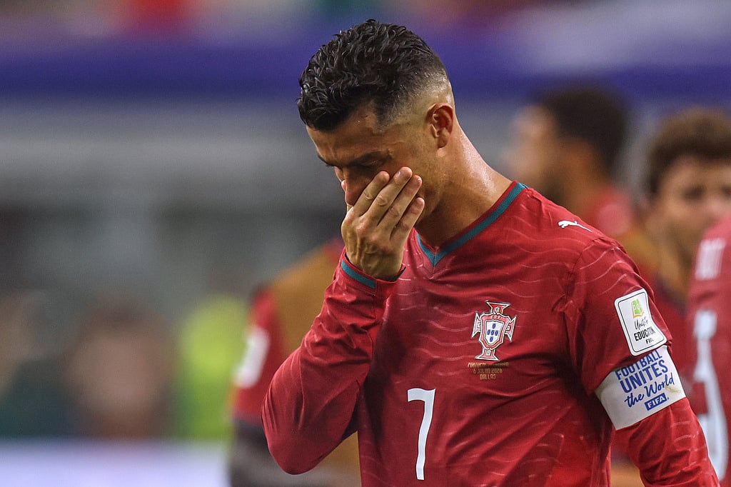 Portugal's Cristiano Ronaldo (7) reacts after the World Cup round of 16 soccer match between Portugal and Spain in Arlington, Texas, near Dallas, Monday, July 6, 2026. (AP Photo/Gareth Patterson)