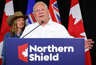 Ontario Premier Doug Ford and Alberta Premier Danielle Smith, left, announce the Northern Shield pipeline proposal in Calgary, Canada, Monday, July 6, 2026. 