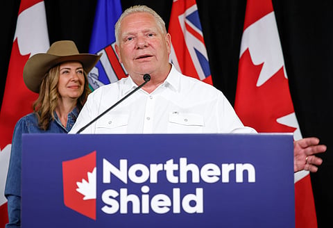 Ontario Premier Doug Ford and Alberta Premier Danielle Smith, left, announce the Northern Shield pipeline proposal in Calgary, Canada, Monday, July 6, 2026. 