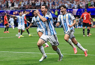 Lionel Messi of Argentina celebrates scoring his team's second goal.