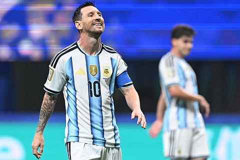 Argentina's forward #10 Lionel Messi reacts during the 2026 World Cup round of 16 football match between Argentina and Egypt at Atlanta Stadium in Atlanta on July 7, 2026.