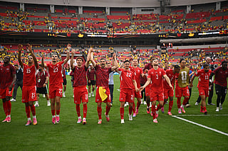 Switzerland players applaud fans after penalty shootout victory during the FIFA World Cup 2026 Round of 16 match between Switzerland and Colombia at BC Place Vancouver on July 07, 2026 in Vancouver, British Columbia, Canada.