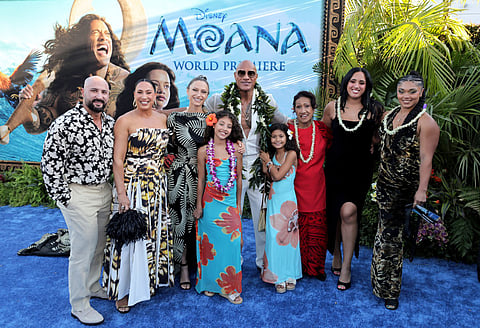 Dave Rienzi, Dany Garcia, Lauren Hashian, Jasmine Johnson, Dwayne Johnson, Tiana Johnson, Ata Johnson, Ava Raine and Tatyanna Dumas attend the Moana World Premiere at the Hollywood Bowl in Los Angeles, California on July 07, 2026.